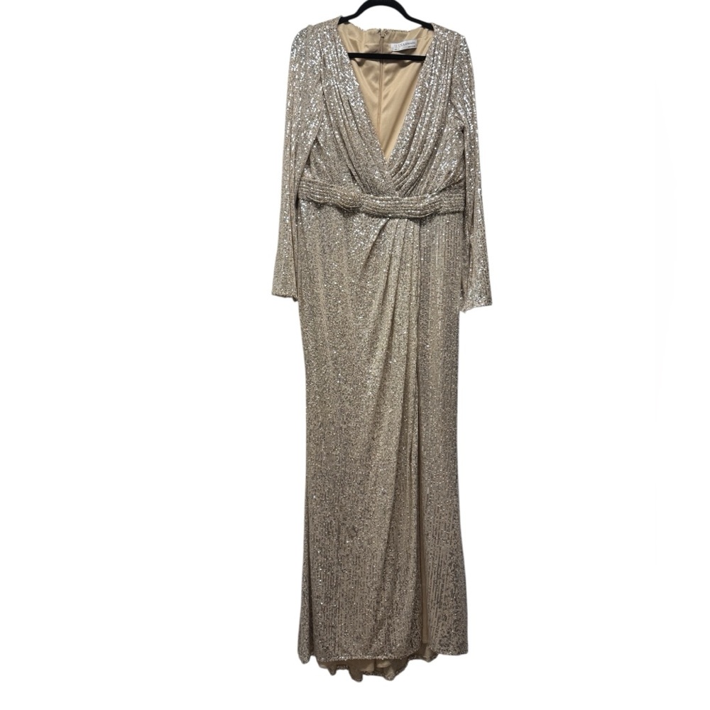 Long Sleeve Silver Sequin Wrap Gown with High Slit - Picture 8 of 8